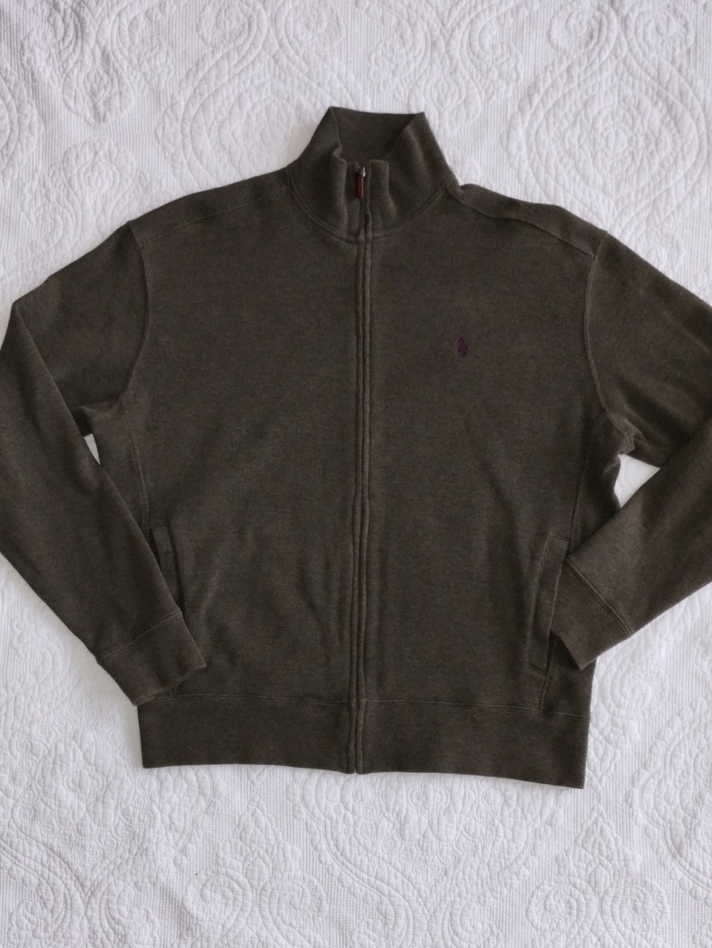 Ralph Lauren Men’s Olive Zip-Up Sweater with Purple Logo